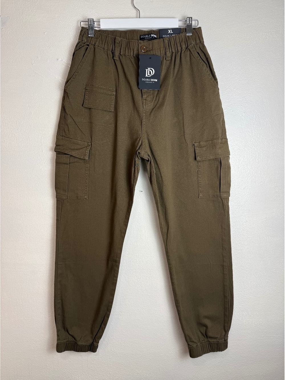 Double Denim Olive Brown Cargo Jogger Pants XL Elastic Waist
